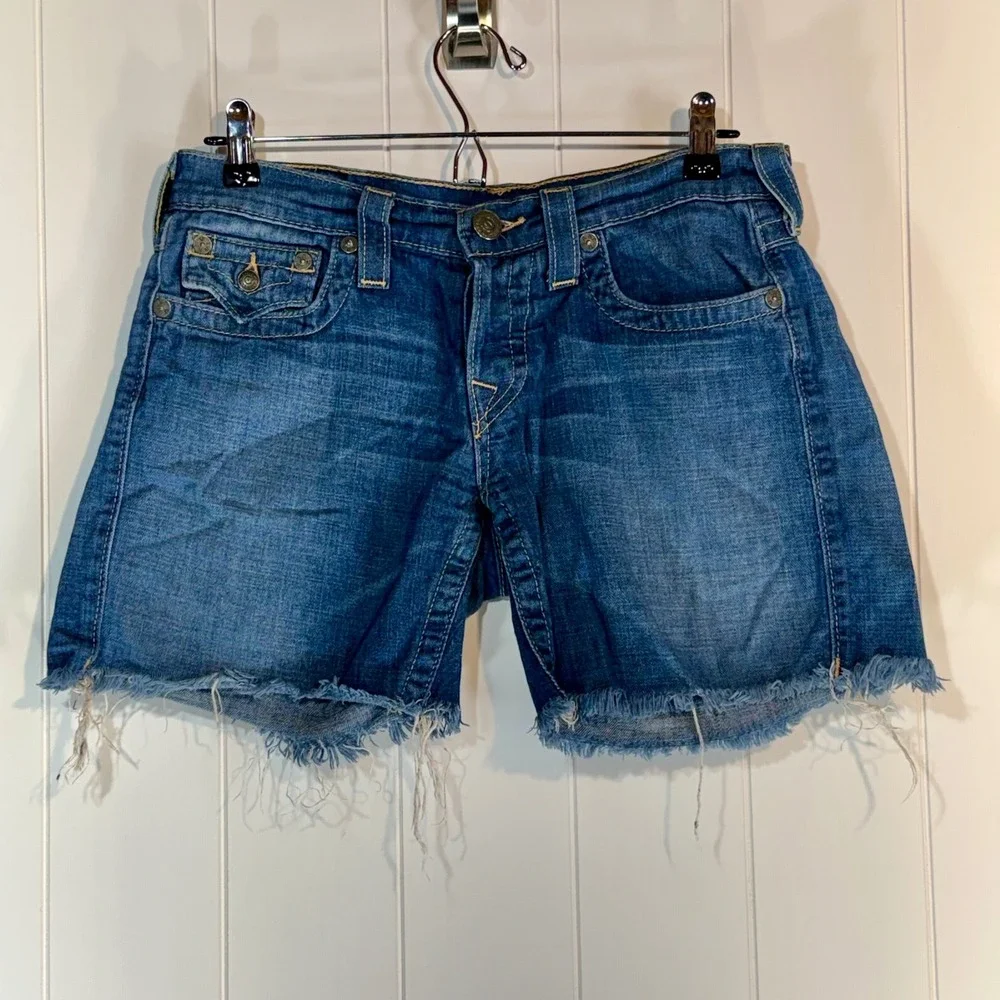 True Religion Joey Cut Off Denim Shorts Blue Mermaid Patch Size 27 Low Rise